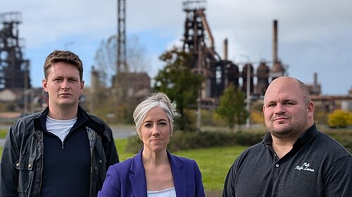 David Chadwick MP, Daisy Cooper MP and Senedd Candidate Dean Ronan at Port Talbot Steelworks